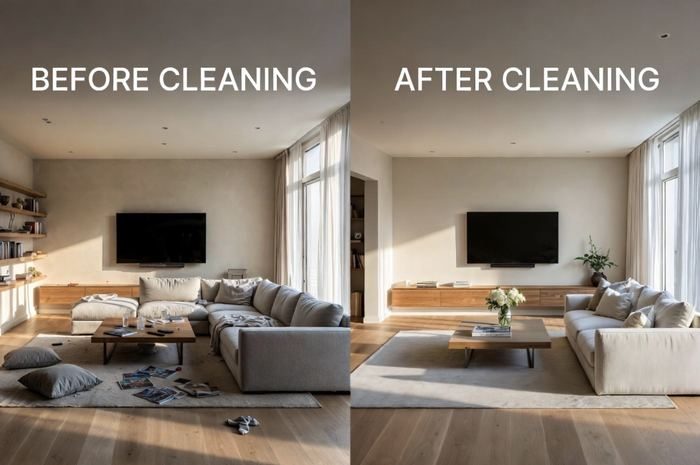 Living room before and after cleaning