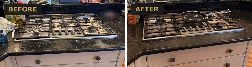Gas cooktop and granite counter before and after a deep clean by Ultimate Cleaning Service