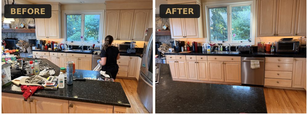 Kitchen island and counters before and after a deep clean by Ultimate Cleaning Service