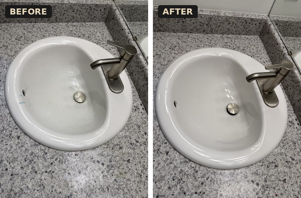 Bathroom vanity sink before and after cleaning by Ultimate Cleaning Service